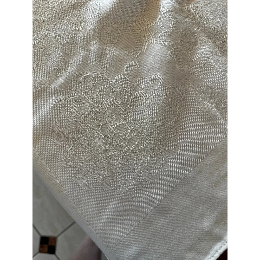Vintage Off White Damask Floral‎ Tablecloth Rectangular Cream Jacquard